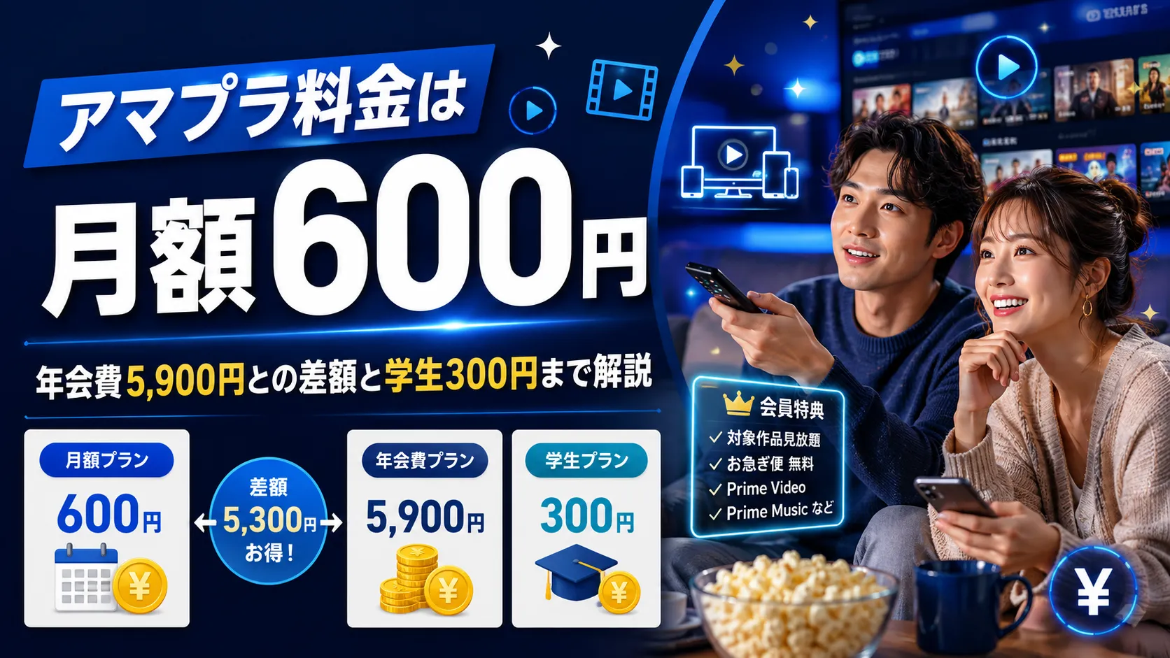アマプラ料金は月額600円|年会費5,900円との差額と学生300円まで解説【2026年8月更新】