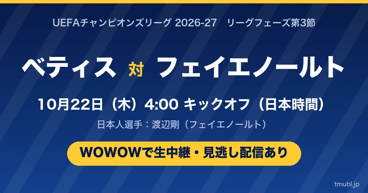 ベティス対フェイエノールト 10月22日(木)4:00キックオフ WOWOWで生中継