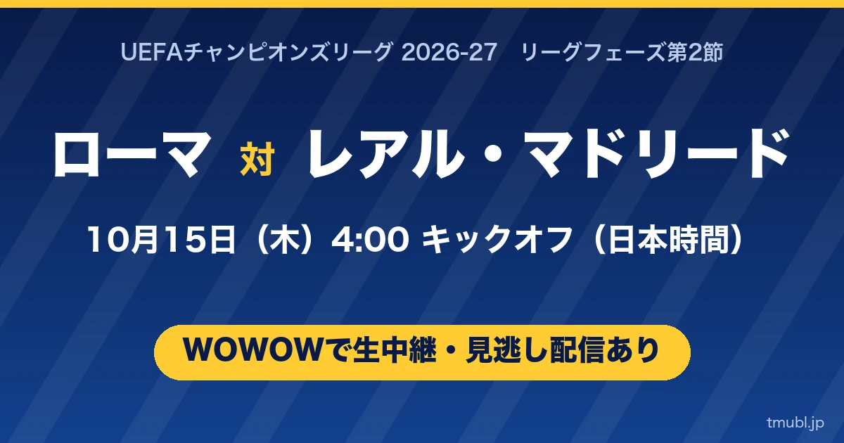 ローマ対レアル・マドリード 10月15日(木)4:00キックオフ WOWOWで生中継