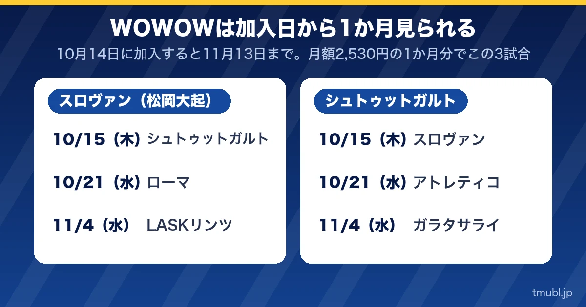 WOWOWは加入日から1か月見られる。スロヴァン（松岡大起）とシュトゥットガルトの3試合ずつ