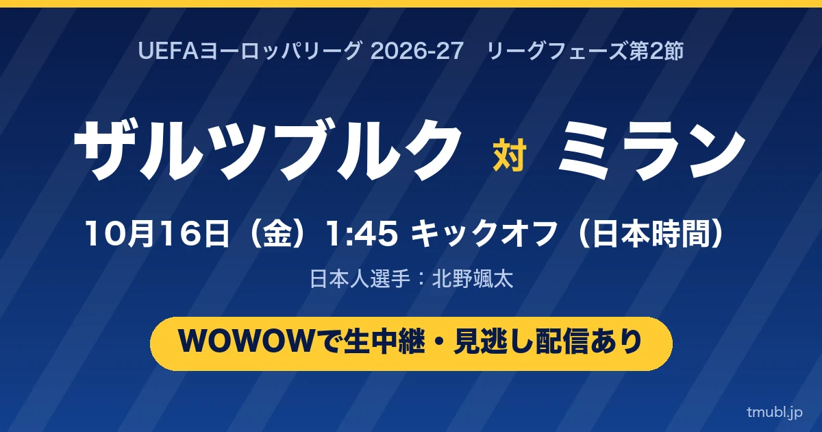 ザルツブルク対ACミラン 10月16日(金)1:45キックオフ WOWOWで生中継