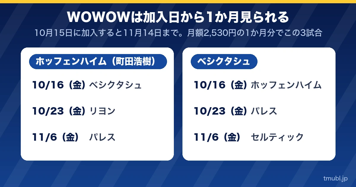 WOWOWは加入日から1か月見られる。ホッフェンハイム(町田浩樹)とベシクタシュのELの試合